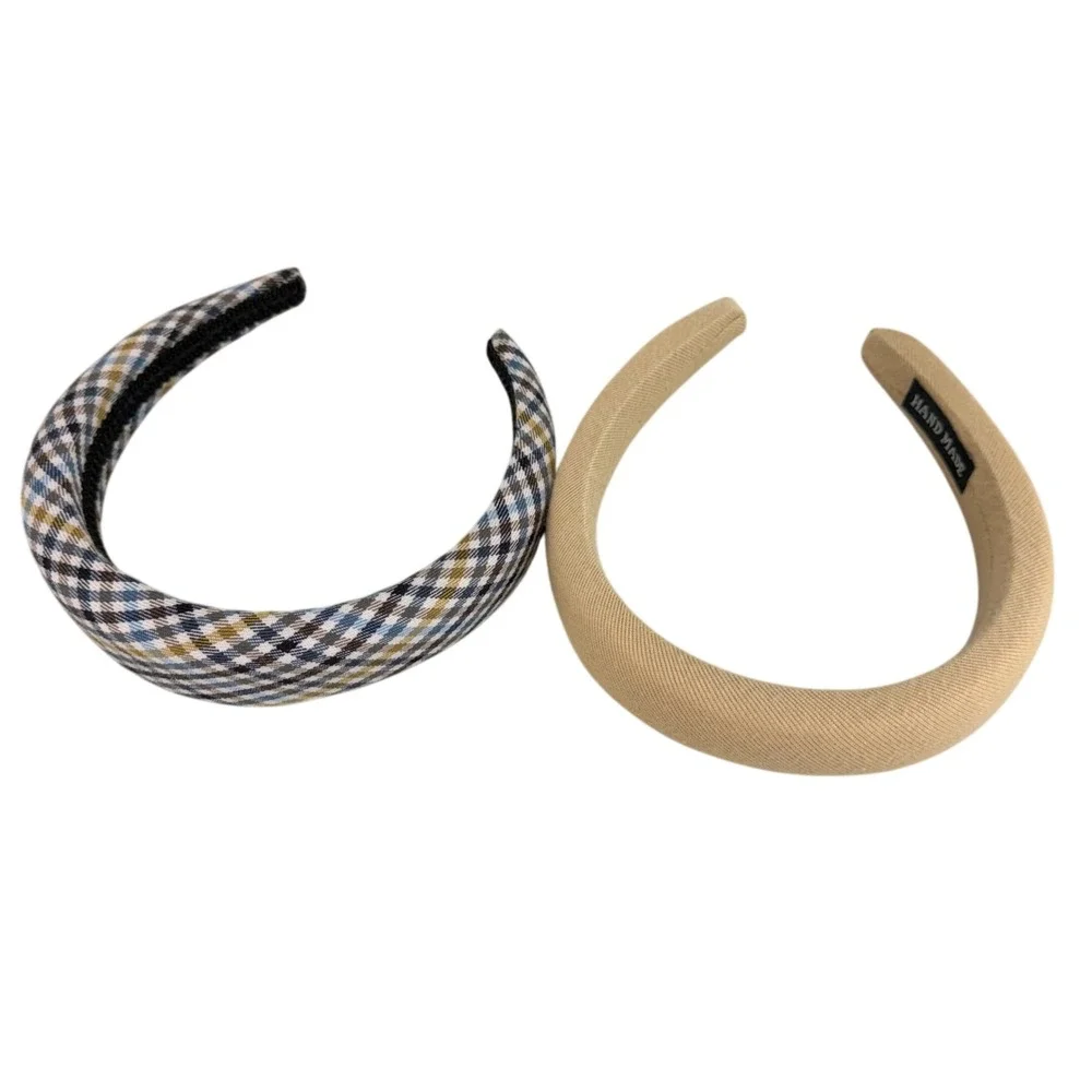 Set of 2 Padded Headbands Tan Twill & Plaid Multi Color Preppy Hair Accessories